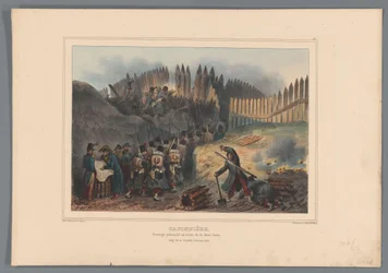 Gruppesoldat trekket dør en åpning i de palisade, 1832 Caponier, palisadet verk foran halvmånen (tittel på objekt) Tegninger laget av livet ved beleiringen av Citadel of Antwerpen av Raffet (serietittel på objekt)