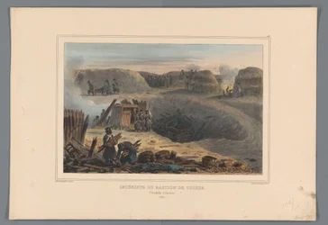 Militairten binnen en bastion, 1832 Interiør av Bastion of Toledo (tittel på objekt) Tegninger laget av livet ved beleiringen av Citadel of Antwerpen av Raffet (serietittel på objekt)