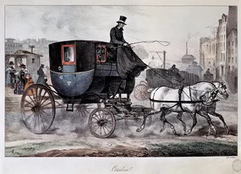 Offentlig transport på 1800-tallet: en drosje i gatene i Paris (farget gravering)
