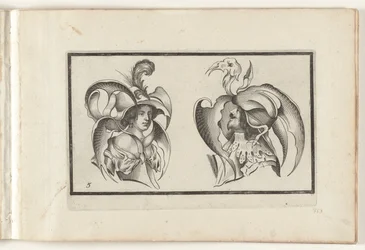 Et manns- og en kvinnehode med groteske hatter og krager Hodeplaggdesign (serietittel) Ouvrage rare et nouveau, contenant plusieurs desseins de merveilleuse rekreation sous diverses caprices et gentillesses representees en l