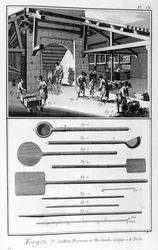 En smie, ovn, strømmer inn i støpen, 1751-1777