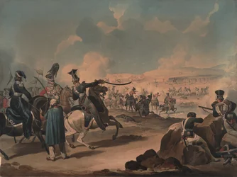 Russisk kavaleri angriper fransk infanteri ved Borodino, ca 1813