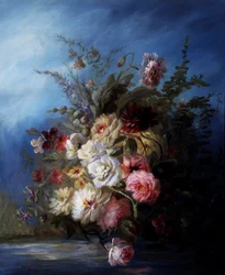 Stilleben. Blomsterbukett ved vannkanten med roser og tulipaner. Maleri av Denis Pierre Bergeret (1846–1910). Privat samling.
