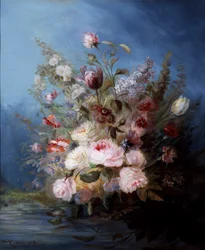 Stilleben. Blomsterbukett ved vannkanten med roser og tulipaner. Maleri av Denis Pierre Bergeret (1846–1910). Privat samling.