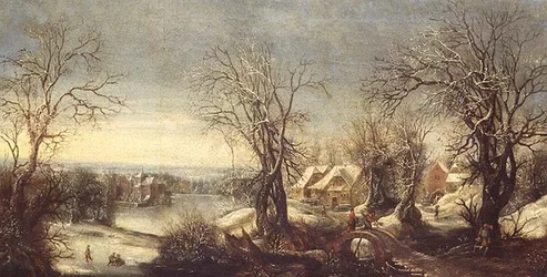 Et omfattende skogkledd landskap om vinteren med skatere på en frossen vannvei, en pilegrim og et helligdom utenfor