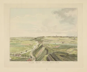 Utsikt over landskapet sørøst for Nijmegen Mot sørøst (tittel på objekt) Severdigheter rundt byen Nijmegen (serietittel) Geldersch panorama eller rund utsikt over livet tegnet på belvedere i Nymegen (serietittel)