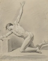 Naken mann, spikret til venstre kne, vendt mot venstre
