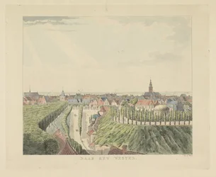 Nijmegen, utsikt fra Belvédère mot vest Mot vest (tittel på objekt) Severdigheter rundt byen Nijmegen (serietittel) Geldersch panorama eller rund utsikt over livet tegnet på belvedere i Nymegen (serietittel)