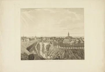 Nijmegen, utsikt fra Belvédère mot vest Mot vest (tittel på objekt) Utsikt rundt byen Nijmegen (serietittel) Gelderland panorama eller rund utsikt hentet fra livet på belvedere i Nymegen (serietittel)