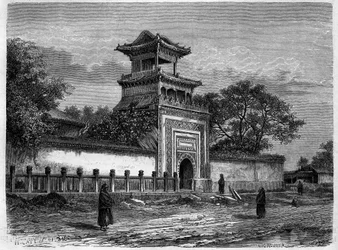 Moskeen i Pekin (Beijing) på 1870-tallet. Gravering etter en tegning av Deroy, i "" Le Tour du Monde, Nouveau journal des Voyages", redigert av Edouard Charton, Paris