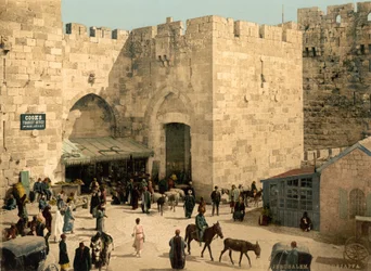 Jaffa-porten, Jerusalem, Det hellige land, ca. 1890-c. 1900 (fotokromtrykk)