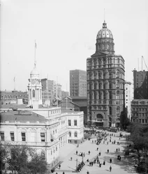 Rådhuset og verdensbygningen, New York City, USA, ca. 1905 (s/hvitt-bilde)