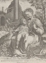Den hellige familie i Egypt, med Joseph som snekker i bakgrunnen ..., [1577], utgitt på nytt 1774.