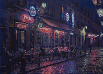 Calle y bar madrileño, 2025 (akryl, blekk og blyant på stoff)