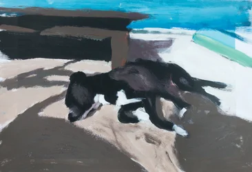 Hund på øya 01, 2019 (akrylmaling på trykt bilde)