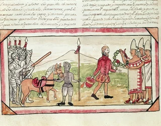 Fol.208v Meeting of Hernando Cortes (1485-1547) og Montezuma (1466-1520), miniatyr fra 