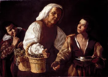 The Two Boys and the Old Fruit Woman eller den gamle fruktselgeren (To gutter og den gamle fruktselgeren). Maleri av Diego Rodriguez av Silva Velazquez (Velasquez