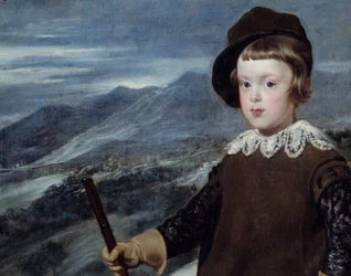 Portrett i jaktantrekk av prins Baltasar Carlos av Spania (1629-1646), sønn av kong Philip IV Detail. Maleri av Diego Velasquez (1599-1660) 1635 Søn. 1,91x1,03 m Madrid, Prado-museet