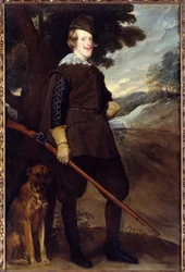 Portrett av Filip IV (1605-1665), konge av Spania i jaktdrakt 30 år gammel. Maleri av Diego Rodriguez de Silva y Velasquez (1599-1660)