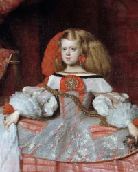 Portrett av infanta Margareta av Østerrike (1651-1673), datter av Filip IV. Detalj. Maleri av Diego Velázquez (1599-1660), omkring 1659. Mål: 2,12 x 1,47 m. Madrid, Prado-museet.