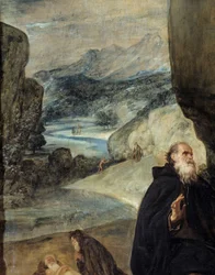 Saint Anthony og Saint Paul eremitt. Detalj som skildrer Saint Anthony the Great (eller Saint Anthony the Eremit eller Saint Anthony the Abbe), og landskapet. Maleri av Diego Rodriguez de Silva y Velasquez (1599-1660), cirka 1635. Olje på lerret. Mål: 2,57