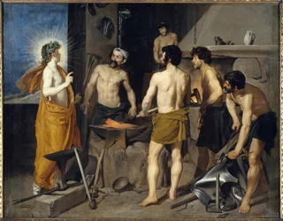 The Forge of Vulcan Painting av Diego velasquez (1599-1660) 1630 Søn. 2,23x2,90 m Madrid, Prado-museet