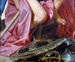 Krigsguden Mars, detalj av skjoldet og rustningen plassert ved føttene til guden. Maleri av Diego Rodriguez de Silva y Velasquez (1599-1660)