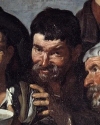 Triumfen til Bacchus eller "The drunks" Detalj av et beruset ansikt. Maleri av Diego Rodriguez de Silva y Velasquez (1599-1660) rundt 1639-1642. Dim. 1,65x2,25 m Madrid, Prado-museet