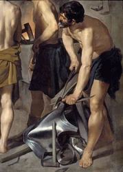 Vulcans smie, detalj. En av smedene jobber med rustning. Maleri av Diego Velasquez (1599-1660) 1630 Søn. 2,23x2,90 m Madrid, Prado-museet