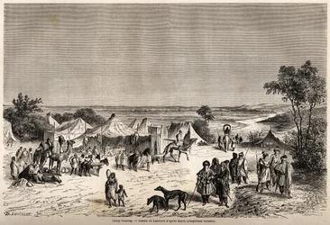 En Touareg-leir, tegning av Lancelot, for å illustrere reisen til Dr. Henri Barth i 1849-1855 til sentrum av Afrika. Gravering i "" Le tour du monde, nouveau journal des voyages"" Paris