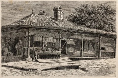 En slakterbutikk og et bakeri i Bucuresti (Romania). Gravering for å illustrere turen fra Paris til Bucuresti av Lancelot, designer, i 1860, i "Le tour du monde, nouveau journal des voyages", utgitt under ledelse av Edouard Charton