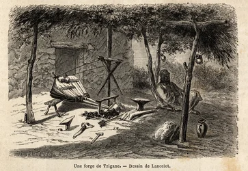 En sigøynersmie i regionen Walachia, Romania. Gravering for å illustrere reisen fra Paris til Bucuresti, av Lancelot, tegner, i 1860, publisert i "Le tour du monde, nouveau journal des voyages", under ledelse av Edouard Charton