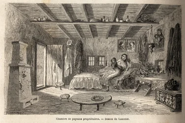 Et hus med eierbønder, i nærheten av Orezu (Walachia-regionen, Romania). Gravering for å illustrere reisen fra Paris til Bucuresti, av Lancelot, tegner, i 1860, publisert i "Le tour du monde, nouveau journal des voyages", under ledelse av o
