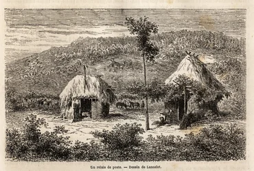 En poststafett mellom Bucuresti og Pitesti. Gravering for å illustrere reisen fra Paris til Bucuresti (Romania), i 1860, av Lancelot, designer, i "Le tour du monde, nouveau journal des voyages", utgitt under ledelse av Edouard Charton