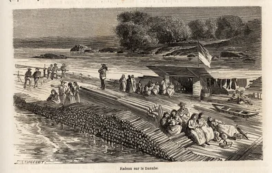 En treflåte på Donau, for transport av varer og mennesker, tegning av Lancelot, for å illustrere Victor Duruys reise fra Paris til Bucuresti i 1860. Gravering i “” Le tour du monde””, redigert av Edouard Charton
