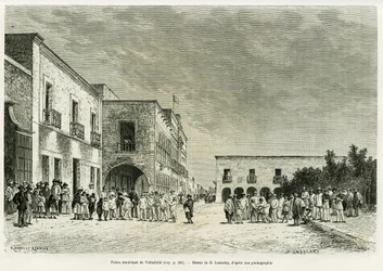 Valladolid kommunale palass. Gravering av Lancelot for å illustrere historien Ma last expedition au Yucatan, av Desire Charnay, i le tour du monde 1887, regissert av Edouard Charton (1807-1890), Hachette, Paris.