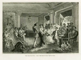 Fest en Santa Cruz de Nano. Gravering av Lancelot for å illustrere historien Lucon og Palaouan, seks år på Filippinene, av Alfred Marche (1844-1898), i le tour du monde 1886, regissert av Edouard Charton (1807-1890), Hachette, Paris.