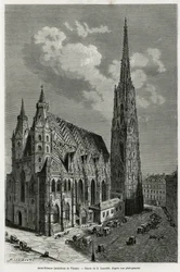 St. Stefans katedral (St. Stefan eller Stephansdom eller St. Stephane eller St. Stephan Kirche) (bygget mellom 1113 og 1147), Wien (Østerrike). Gravering av Lancelot, for å illustrere historien Vienne og dens forsteder, av M. Newlinski, i 1881, publisert i