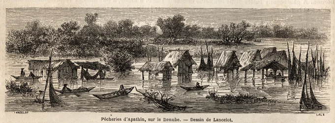 Fiskene i Apathin (Serbia), ved Donau. Tegning av Lancelot, for å illustrere hans reise fra Paris til Bucuresti i 1860. Gravering i "" Le tour du monde"", redigert av Edouard Charton
