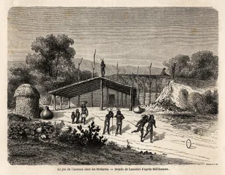 Ringspillet blant Mohaves-indianerne, tegnet av Lancelot, for å illustrere reisen til Mississippi til Stillehavet i 1853-54 av Baudouin Mollhausen (1825-1905). Gravering i "" Le tour du monde, nouveau journal des voyages"" Paris