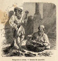Feiemaskinene i Orezu (Romania). Gravering for å illustrere reisen fra Paris til Bucuresti, av Lancelot, tegner, i 1860, publisert i "Le tour du monde, nouveau journal des voyages", under ledelse av Edouard Charton