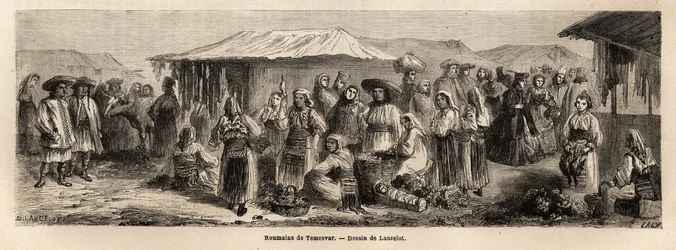 Den gående befolkningen i Tesmevar (eller Timisoara) i Romania. Gravering for å illustrere reisen fra Paris til Bucuresti, av Lancelot, tegner, i 1860, publisert i "Le tour du monde, nouveau journal des voyages", under ledelse av Edouard Charton