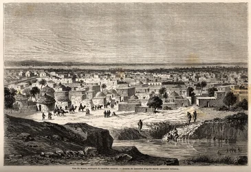 Utsikt over Kano (by og delstat nord for dagens Nigeria), lager i sentrale Sudan, tegning av Lancelot, for å illustrere reisen 1849-1855, til sentrum av Afrika til Dr. Henri Barth. Gravering i "" Le tour du monde, nouveau journal des voyages&quot
