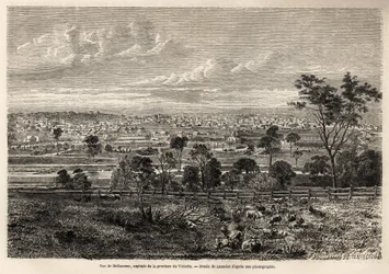 Utsikt over Melbourne (Australia), tegning av Lancelot, for å illustrere minnene om en fransk husokkupant i Australia, i 1854-1859, av M. de Castella. Gravering i “” Le tour du monde”” 1861. Selvas samling.