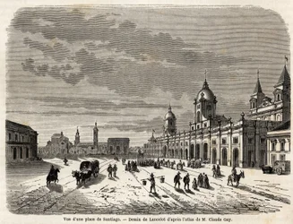 Utsikt over et torg i Santiago (Chile), tegning av Lancelot, for å illustrere reisen til Sør-Amerika, i 1823, av Giovanni Mastai Ferretti (1792-1878, fremtidig Pius IX). Gravering i "" Le tour du monde, nouveau journal des voyages"" Paris