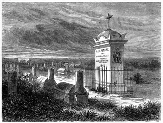 Utsikt over den franske kirkegården i Pekin (Beijing), Kina. Gravering etter en tegning av Lancelot, i "" Le Tour du Monde, Nouveau journal des Voyages", redigert av Edouard Charton, Paris