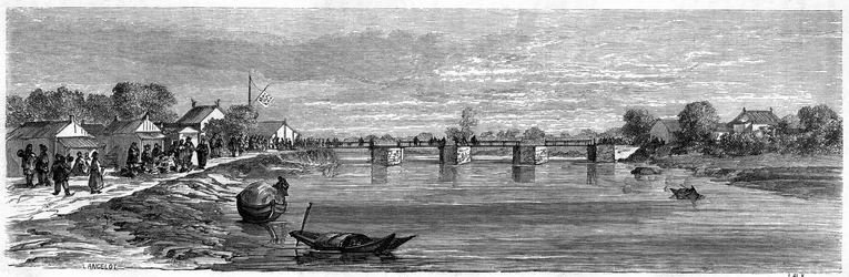 Utsikt over broen over Suzhou-elven nær Shanghai i 1860, Kina. Gravering av Lancelot, i "" Le Tour du Monde, Nouveau journal des Voyages"", redigert av Edouard Charton, Paris
