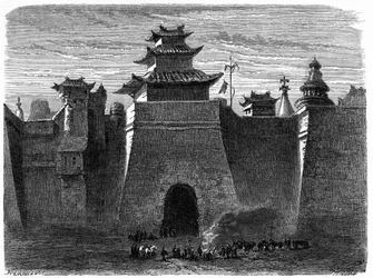 Pekins murer og port (Beijing), Kina. Gravering av Lancelot, i "" Le Tour du Monde, Nouveau journal des Voyages", redigert av Edouard Charton, Paris