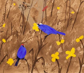 Primærfarger (Diadem Tanagers og Ceibo-tre) (akryl og collage)