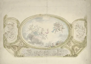 Takmaleridesign: oval med allegorisk representasjon, omgitt av scener med putti